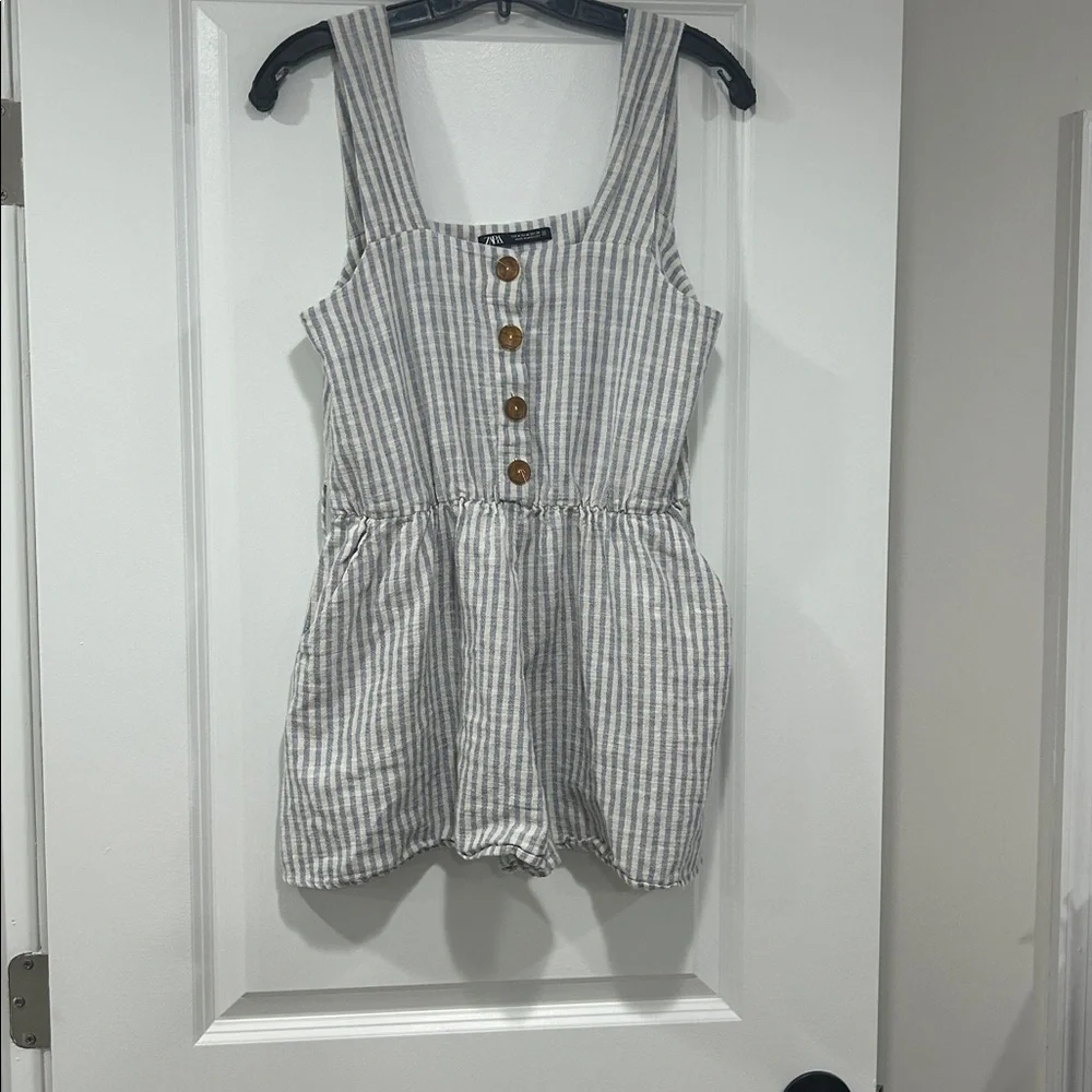 Zara Linen Blend Blue and White Striped Romper Jumpsuit